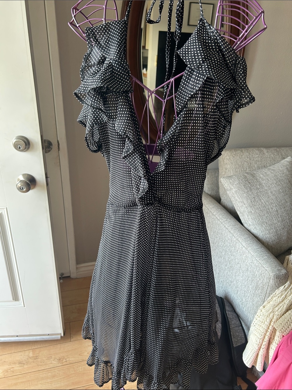 bebe Black and White Polka Dot Ruffle Dress